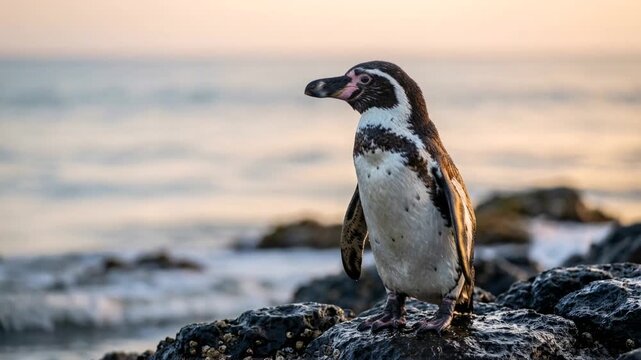 humboldt penguin close up at morning light on the coast of paracas peru video