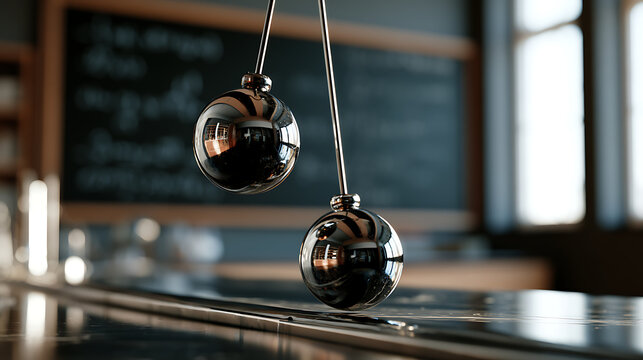Double pendulum physics experiment with chrome spheres in a professional laboratory setting