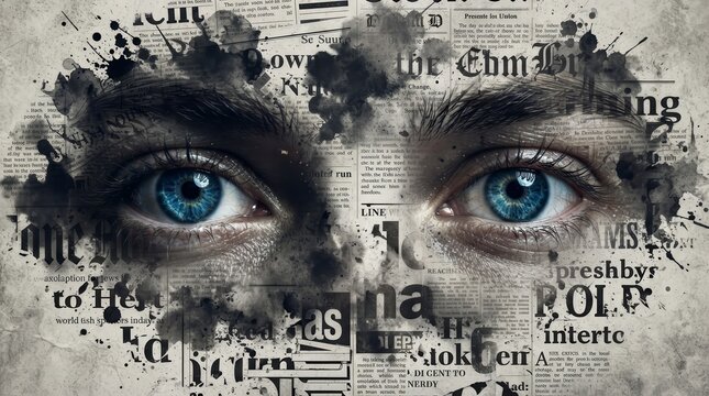 Surreal eyes emerging from a chaotic newspaper collage to depict press freedom.