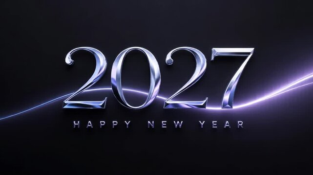 shiny silver 2027 happy new year text on a dark background with a glowing purple neon light streak moving smoothly across the scene, metallic reflections and festive holiday animation