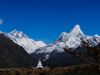 Obraz premium Stunning view of Ama Dablam and the Himalayas from Namche during the Three Passes Trek in Nepal