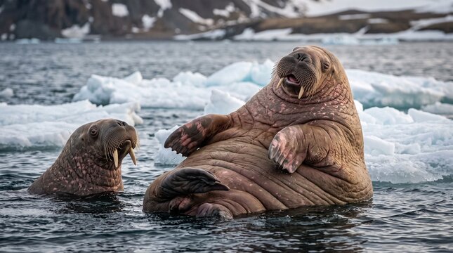 Two walruses resting on ice in Arctic ocean landscape