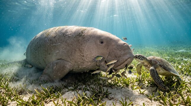 Dugong and sea turtle grazing on seagrass in sunlit ocean scene