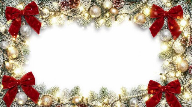 snowy fir branches, red velvet bows, gold and silver ornaments and warm fairy lights framing white christmas background with copy space