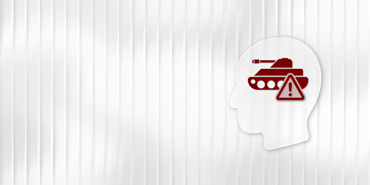Conceptual image depicting war trauma and military anxiety, showing a white head silhouette with a red tank and warning sign symbolizing PTSD, mental health burden, and armed conflict stress.