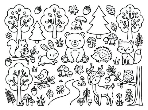 Cute Woodland Animals Line Art Coloring Page for Kids