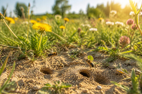 Ground-level meadow with bee burrows and hovering mining bees, wildflowers in sun, habitat and ecology concept.