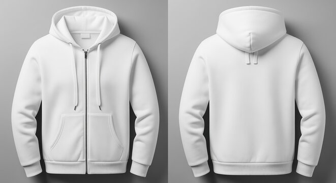 Front and back views of a white zip-up hoodie on gray background. Features drawstring hood, kangaroo pocket, and long sleeves. Perfect for apparel designs or custom clothing mockups.
