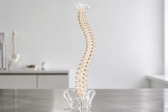 Translucent anatomical model of human spine with lateral S-curve on steel table, scoliosis and medical education concept