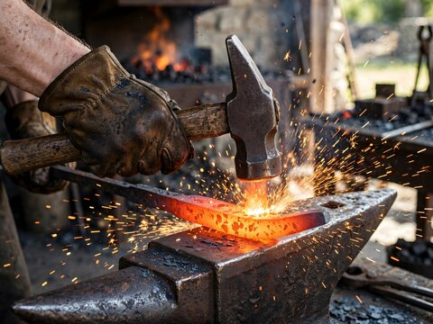 Close-up of a blacksmith using a hammer on a glowing hot piece of metal on an anvil, sparks flying