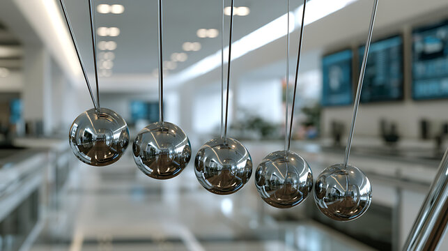 Modern Newton's cradle with chrome spheres in motion for physics and business concepts