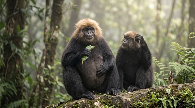 Two monkeys sitting on a mossy log in a misty forest