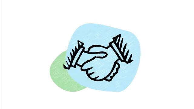 An animated hand drawn close-up of two businessmen shaking hands. Ideal for successful deals, professional agreement, mutual trust, and partnership links.