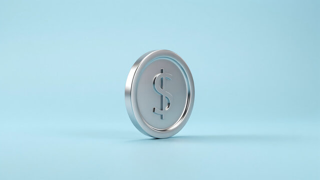 A single silver dollar coin standing on a plain light blue background