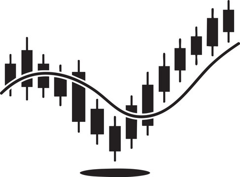 Candlestick chart vector illustration showing financial market growth trends with black bars and a curved line on white background