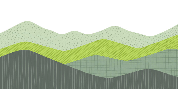 Abstract pixel art mountain landscape with layered green hills and grey peaks for game background design
