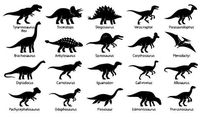 Dinosaur set with silhouette illustrations featuring Tyrannosaurus Rex, Triceratops, Stegosaurus with Velociraptor and Parasaurolophus