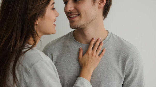 Couple woman man affection gentle touch in intimate portrait