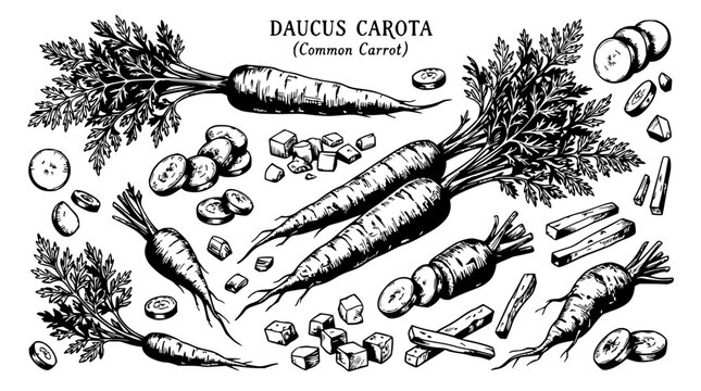 Carrot set with botanical illustration featuring whole carrots, sliced carrots, carrot pieces with vintage style and black and white