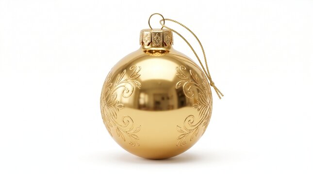 Shiny golden christmas ornament hanging from a delicate silver ribbon on a white background