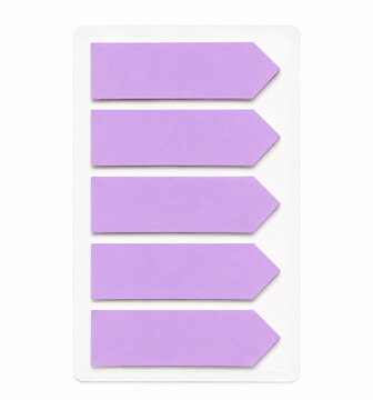 Set of five pastel purple arrow shaped sticky notes on white background