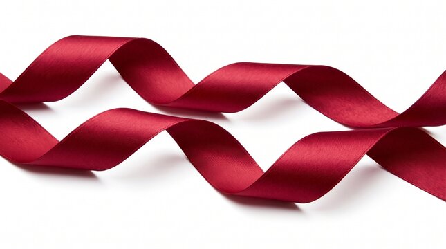 Elegant crimson satin ribbon gracefully curves against a clean white background
