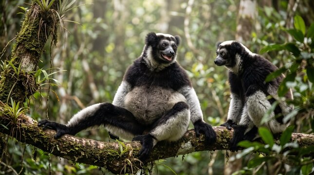 Two colobus monkeys sitting on a branch in lush forest