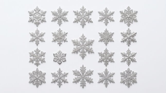 Collection of delicate silver snowflakes arranged in a grid on a white background