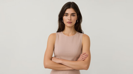 Obraz premium Woman standing with crossed arms in sleeveless beige top