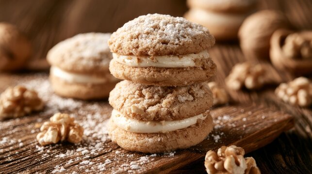 Sweet walnut cookies on wood with milky topping