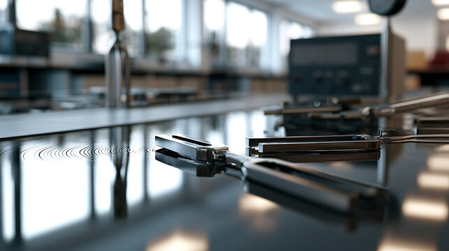 Precision tuning forks on a reflective laboratory workbench for acoustic physics research