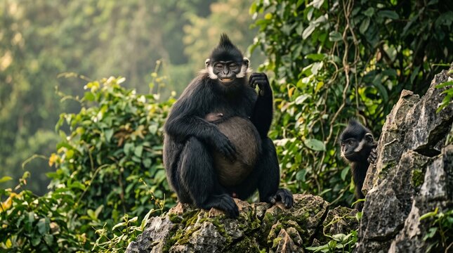 Dusky Langur Monkeys Sitting on Rocks in Lush Jungle Setting