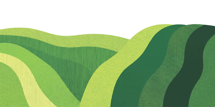 Abstract rolling green hills landscape illustration with layered grassy fields in various shades of bright green