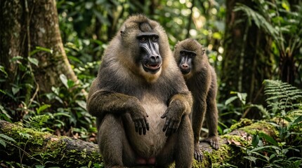 Fototapeta premium Mandrill and baby in lush tropical forest habitat