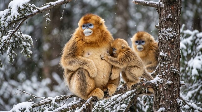Golden snub-nosed monkeys in snowy forest setting during winter