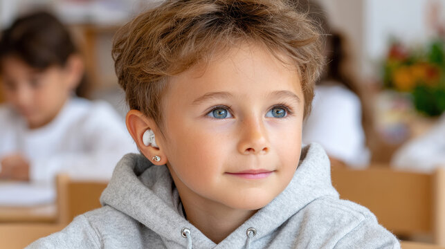 Boy with a cochlear implant in an inclusive classroom for education and accessibility background and learning materials