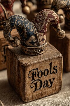 Wooden block with jester hat on top and "Fools Day" written across, festive table decor