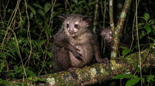 Aye-aye lemurs perched on tree branches in Madagascar rainforest at night