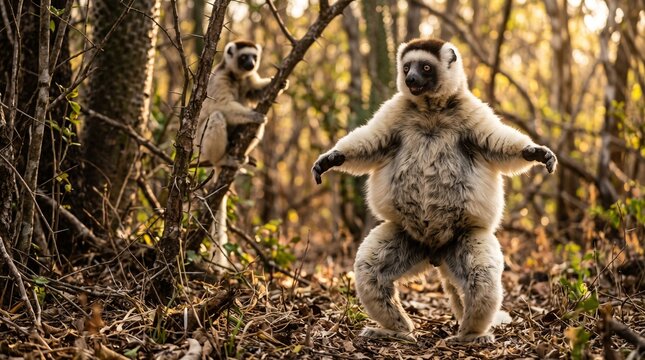 Two lemurs interacting in a sunlit forest environment