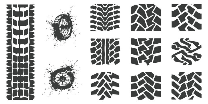 Set of black tire tread marks and mud splash icons for vehicle wheels and off road transport design elements