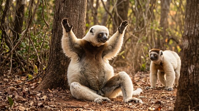 Two playful lemurs in a natural forest setting during daytime