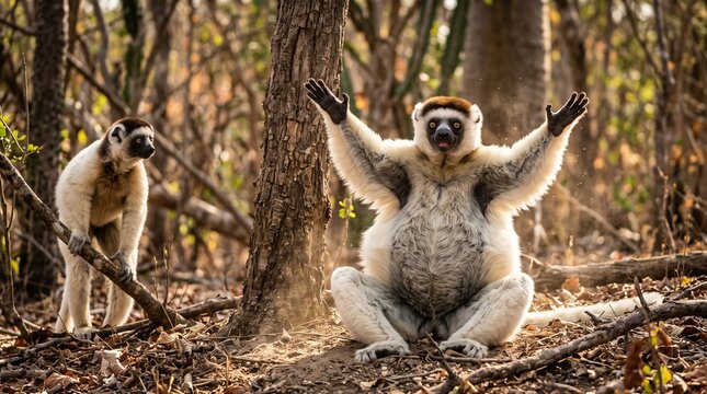 Two lemurs in natural forest habitat displaying playful behavior