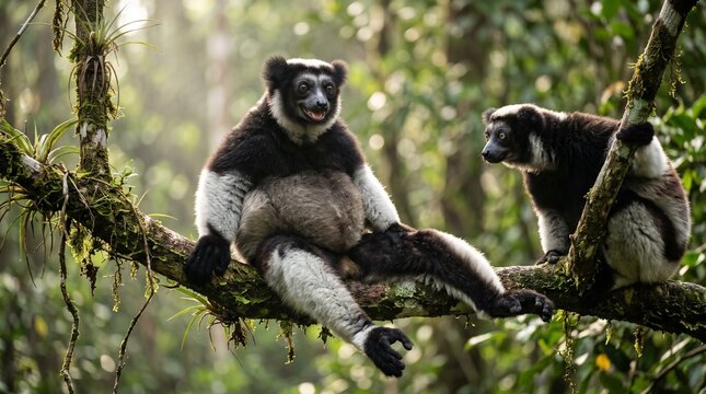 Two lemurs perched on tree branch in lush forest setting