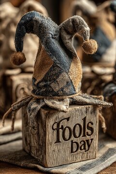 Wooden block with jester hat on top and "Fools Day" written across, festive table decor