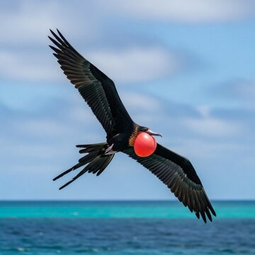 Male frigatebird soaring above turquoise tropical ocean with inflated red gular pouch during courtship display