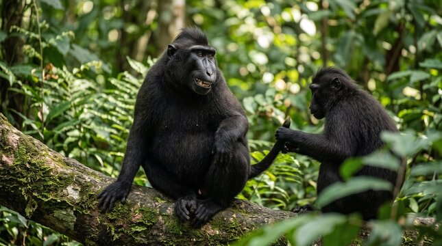Two Crested Black Macaques Interacting on Jungle Tree Branch