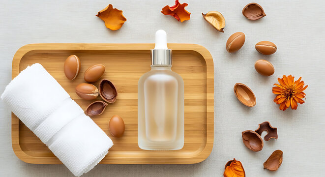 Natural skincare product with argan nuts, dried flowers, and cotton pad mockup, blank spaces for text