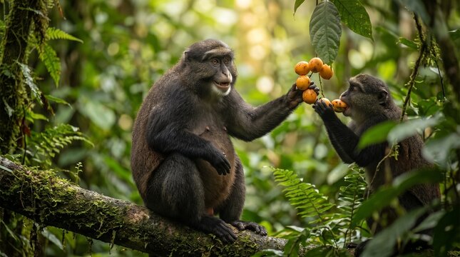 Two monkeys sharing fruit in lush tropical rainforest setting