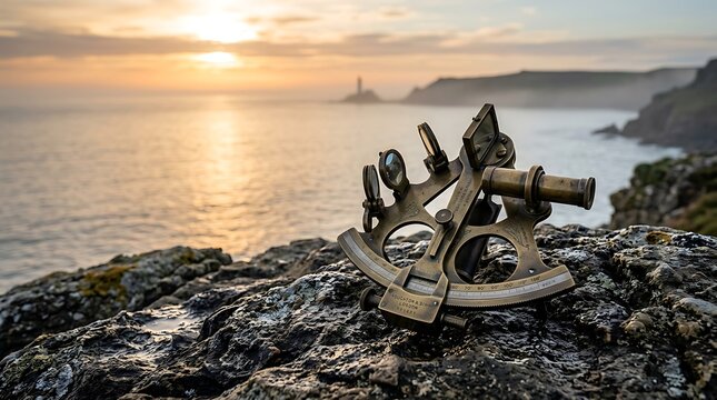 Antique Brass Sextant Navigation Instrument on Coastal Rocks Against Sunset Sea