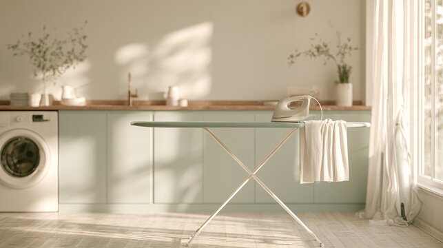 Modern laundry room interior, ironing board and steamer present